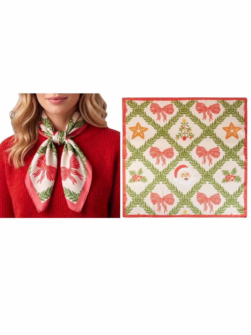 New Red Bow Gold Star Christmas Tree Santa Holly Square-shaped Christmas Scarf